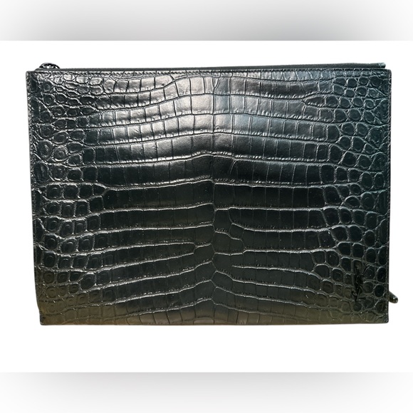 SAINT LAURENT 
Calfskin Crocodile Embossed Zip Mini Tablet Sleeve Black - Picture 1 of 11